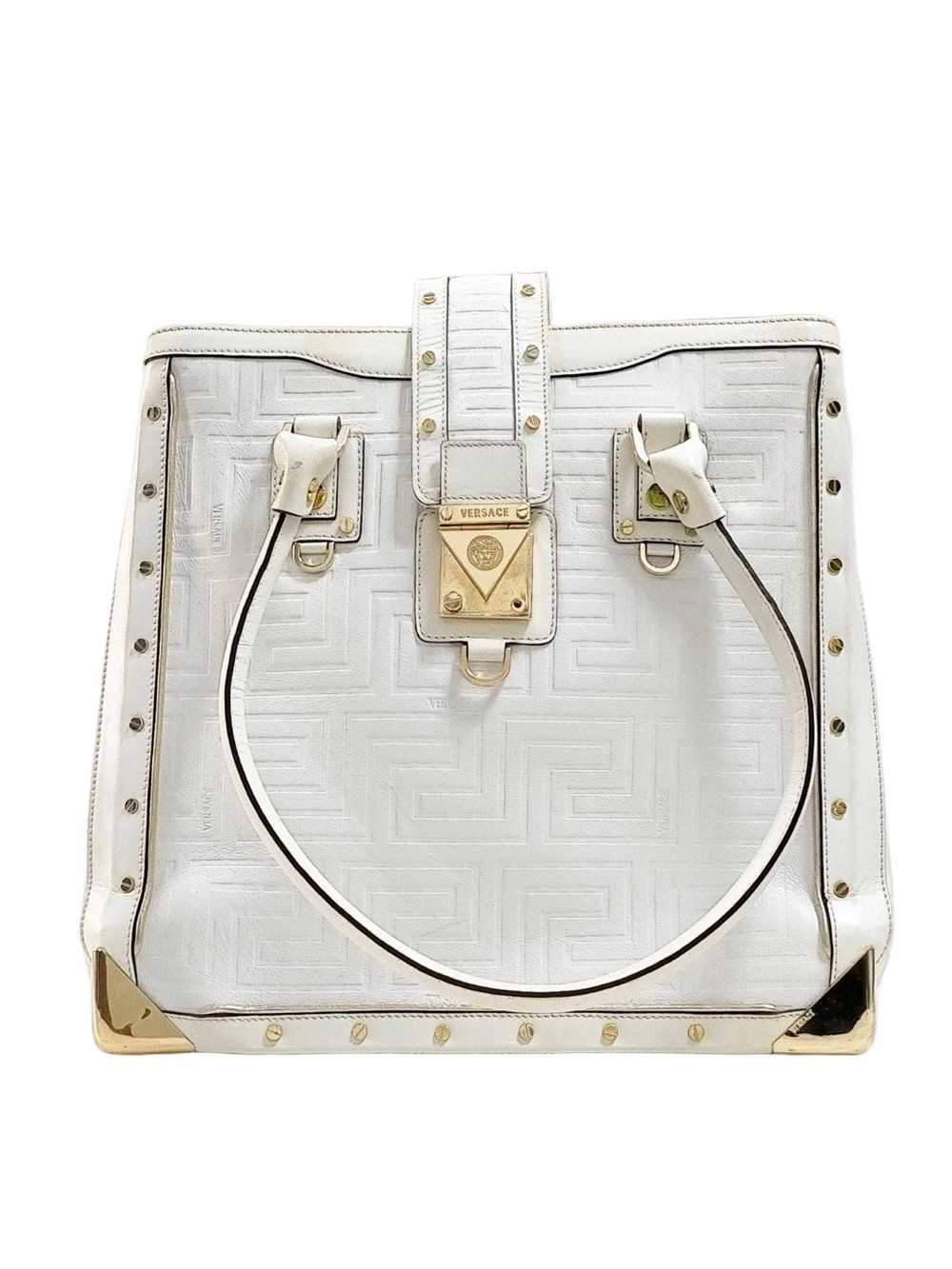 Versace Vintage White Greek Key Large Tote